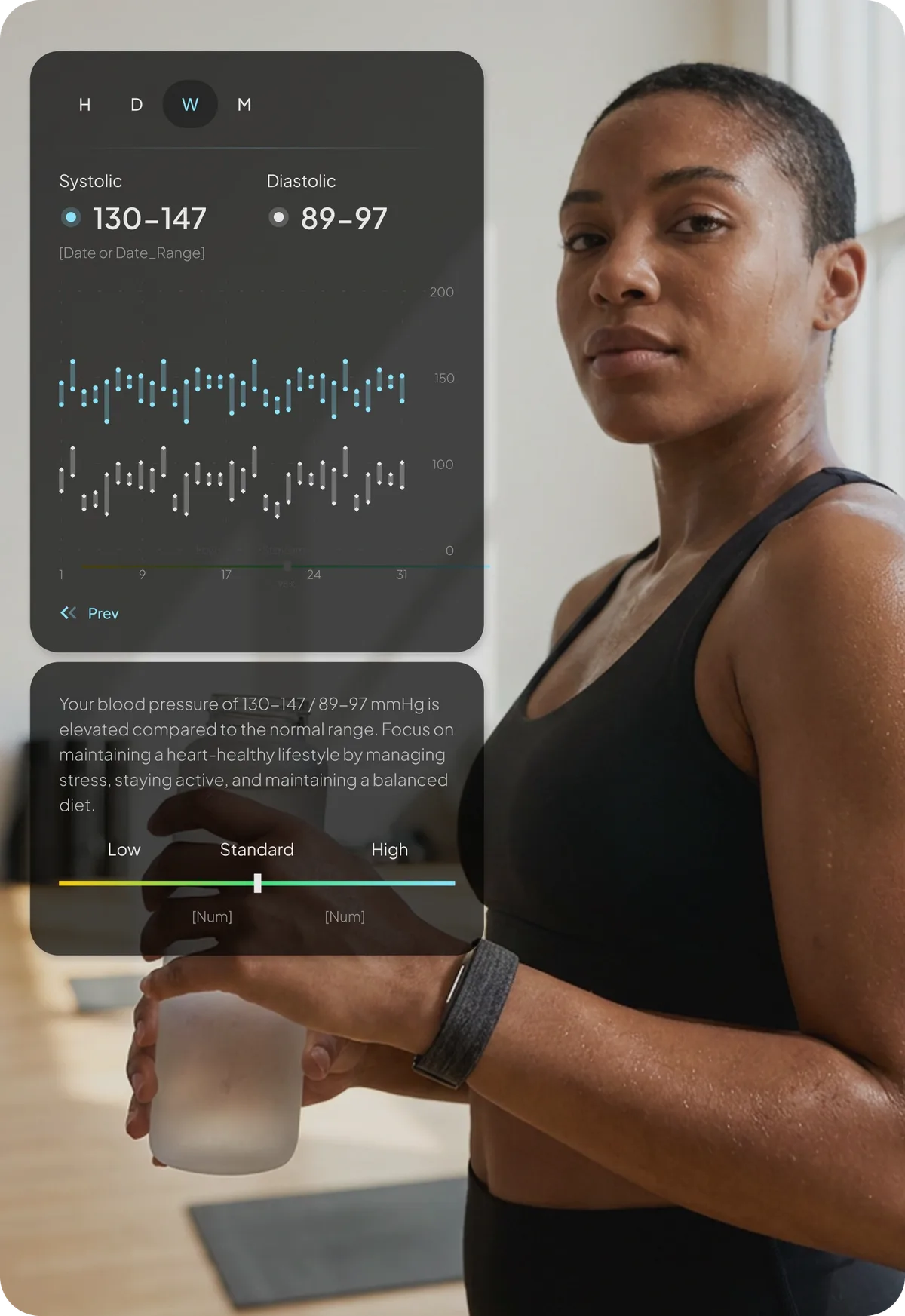 Health dashboard overlay showing biomarker trends in the Hume Health app